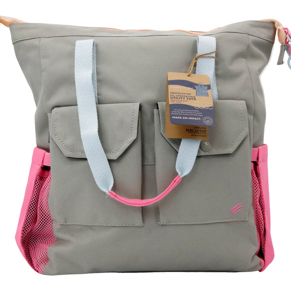 Lt Gray (R)evolution 27L Utility Convertible Tote (Front): warm grey recycled polyester tote with pink side panels and light blue straps