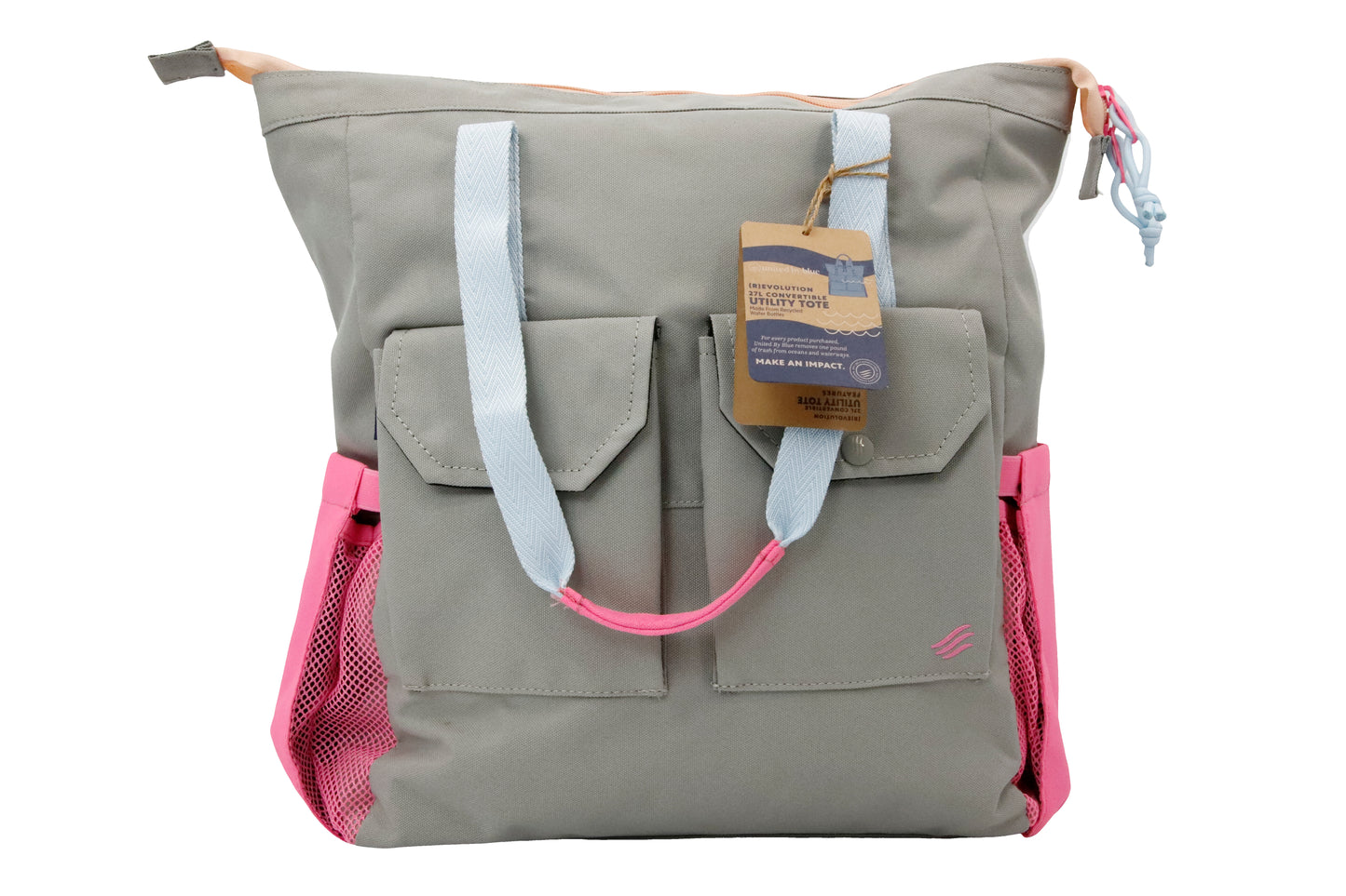 Lt Gray (R)evolution 27L Utility Convertible Tote (Front): warm grey recycled polyester tote with pink side panels and light blue straps