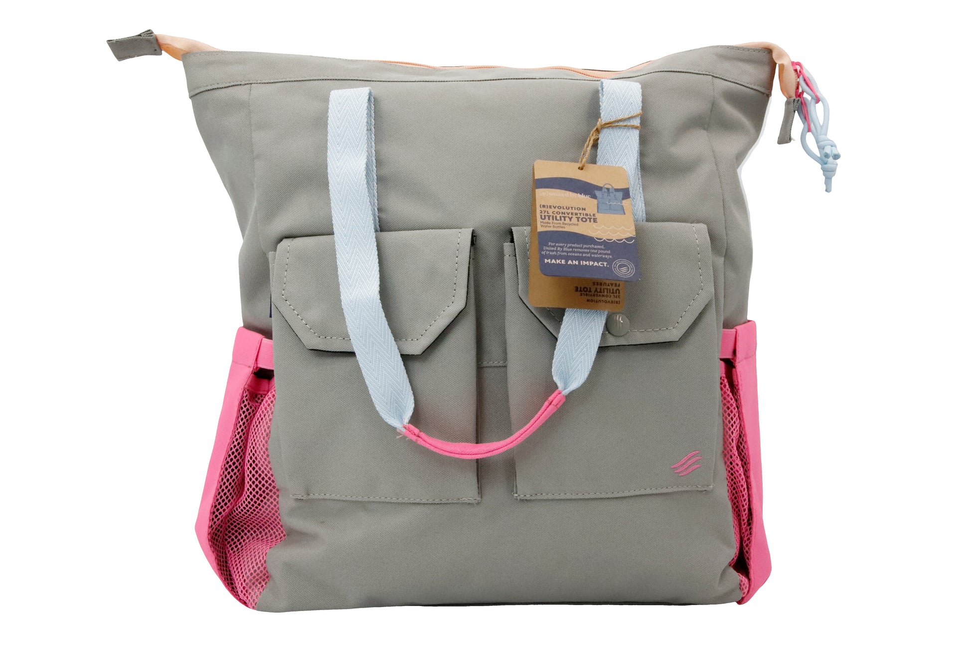 Lt Gray (R)evolution 27L Utility Convertible Tote (Front): warm grey recycled polyester tote with pink side panels and light blue straps