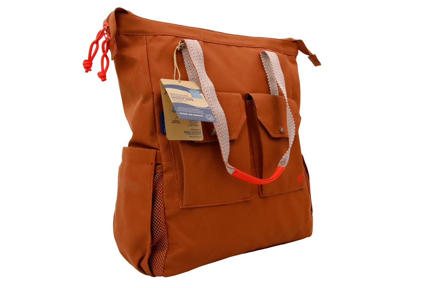 Rustic Caramel (R)evolution 27L Utility Convertible Tote (Angle): side view showing mesh bottle pocket, drawstring top, and convertible backpack straps