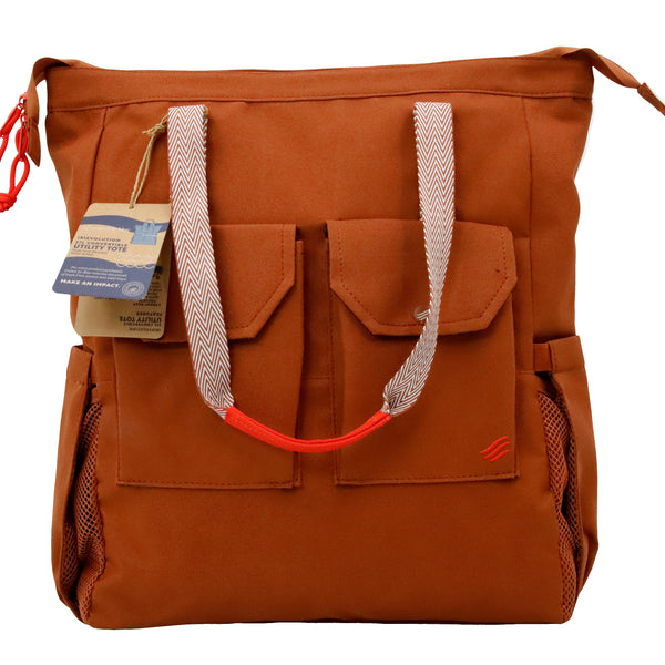 Rustic Caramel (R)evolution 27L Utility Convertible Tote (Front): terracotta recycled polyester tote with woven straps and twin snap-close front pockets
