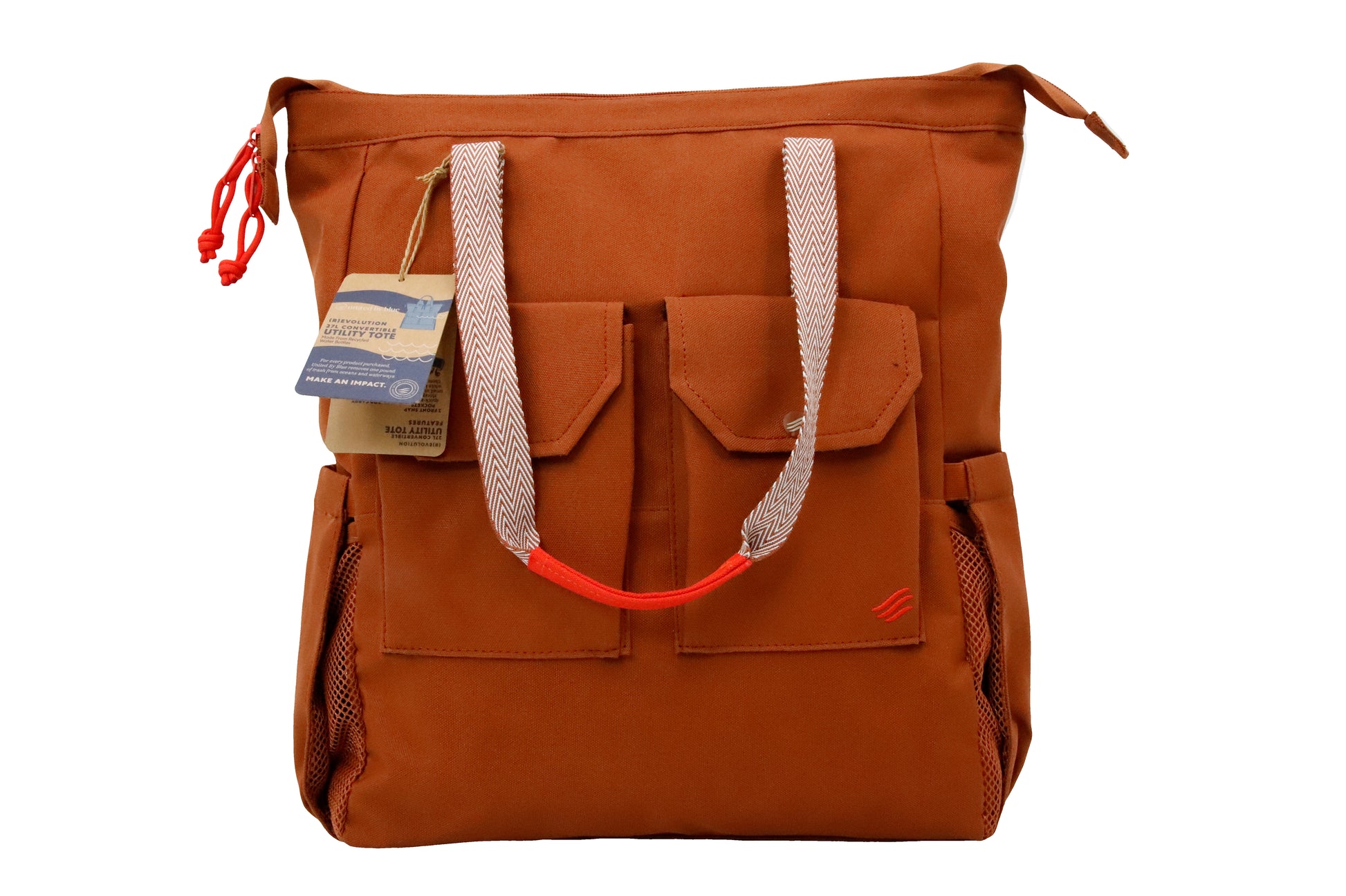Rustic Caramel (R)evolution 27L Utility Convertible Tote (Front): terracotta recycled polyester tote with woven straps and twin snap-close front pockets
