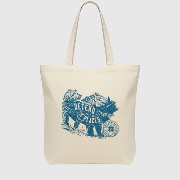 Defend Wild Places My Favorite Daily Tote (Front): Cream canvas tote with blue bear and mountain wilderness graphic on front