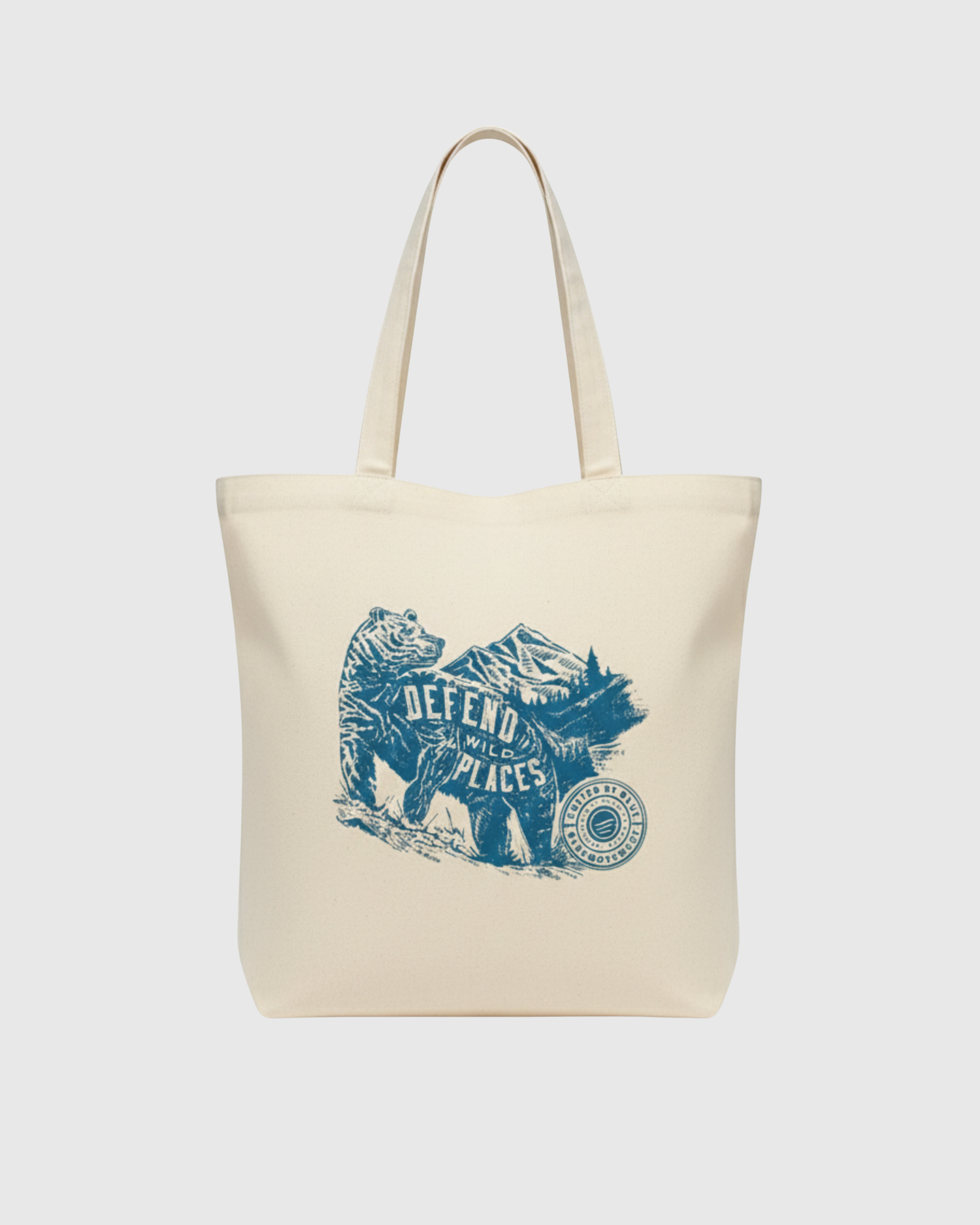 Defend Wild Places My Favorite Daily Tote (Front): Natural canvas tote with blue bear and mountain wilderness graphic on front
