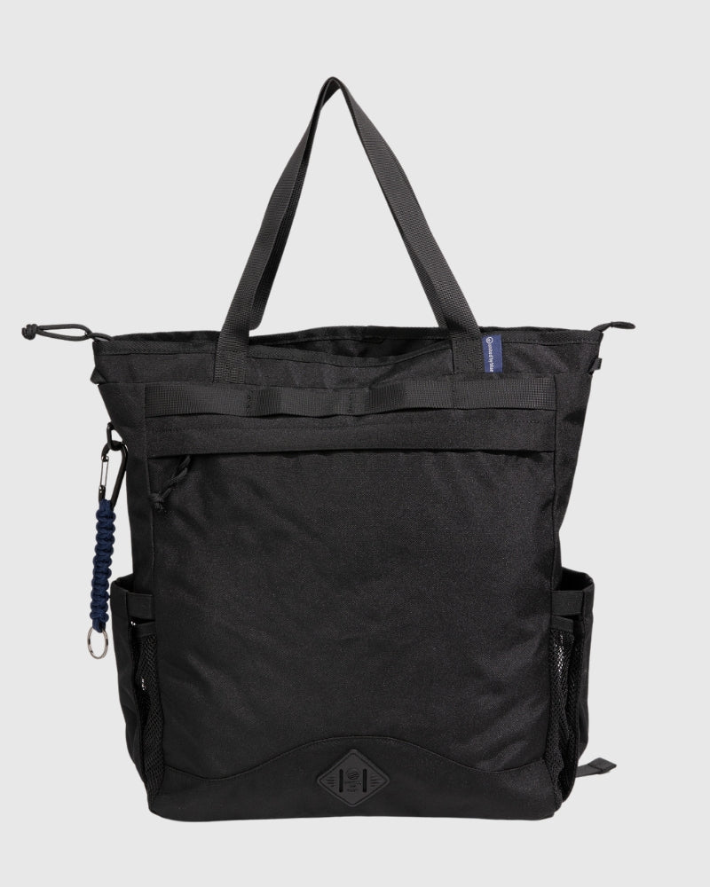 Black (R)evolution™ 25L Convertible Carryall (Front): Black tote with top handles, front zipper pocket, mesh side pocket, carabiner clip