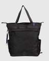 Black (R)evolution™ 25L Convertible Carryall (Front): Black tote bag with top handles, front zipper pocket, mesh side pocket, carabiner clip, and logo patch
