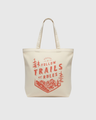 Follow Trails Not Rules My Favorite Daily Tote (Front): Cream canvas tote with red mountain and pine tree graphic print