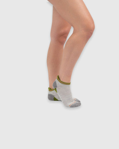 Grey Stripe Merino Wool - Low Cut Sock (In-use): Low-cut ankle socks with olive green heel tab and striped cuff