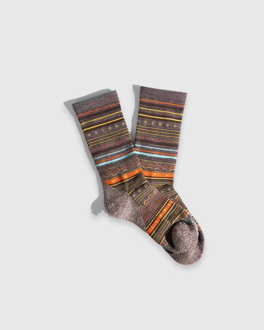 Heather Brown Fair Isle Merino Wool Trail Crew Sock - New Color (Flat-lay): Brown crew socks with yellow, orange and mint fair isle stripes, tan heel