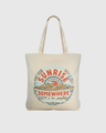 It's Always Sunrise Somewhere My Favorite Daily Tote (Front): Natural canvas tote with circular sunrise landscape graphic in red, blue, tan