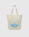 We Are Tied To The Ocean My Favorite Daily Tote (Front): Cream canvas tote with blue ocean waves and arched text graphic