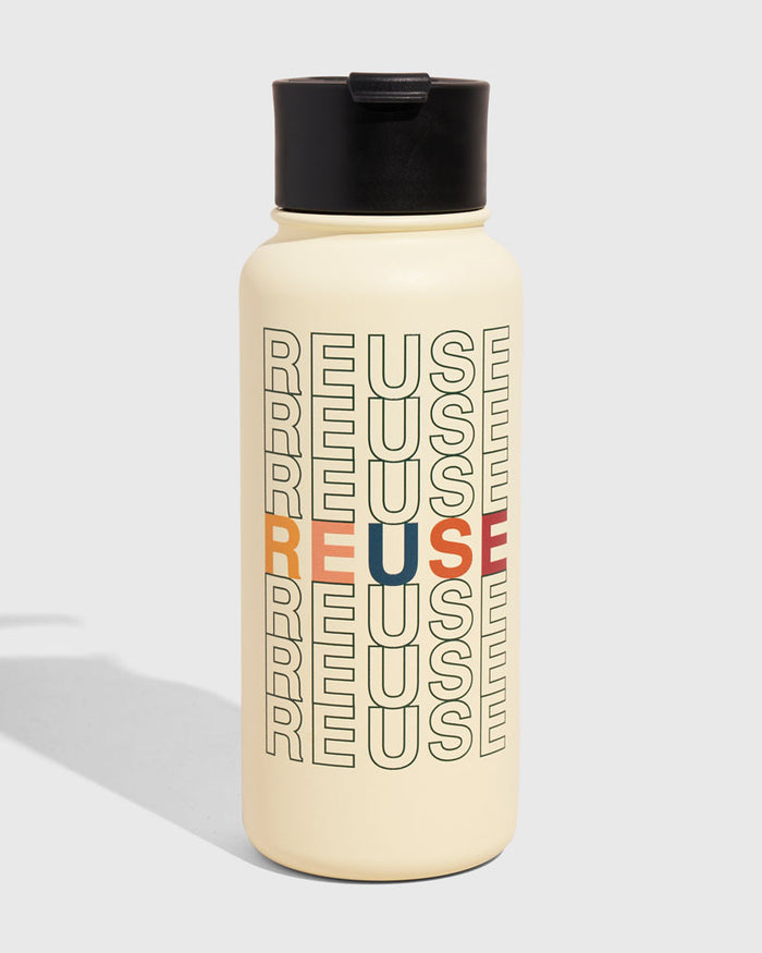 Eggshell - Reuse Bottle - 23 Oz. Insulated Stainless Steel (Front): Cream insulated bottle with black lid; repeating 'REUSE' text print in multicolor