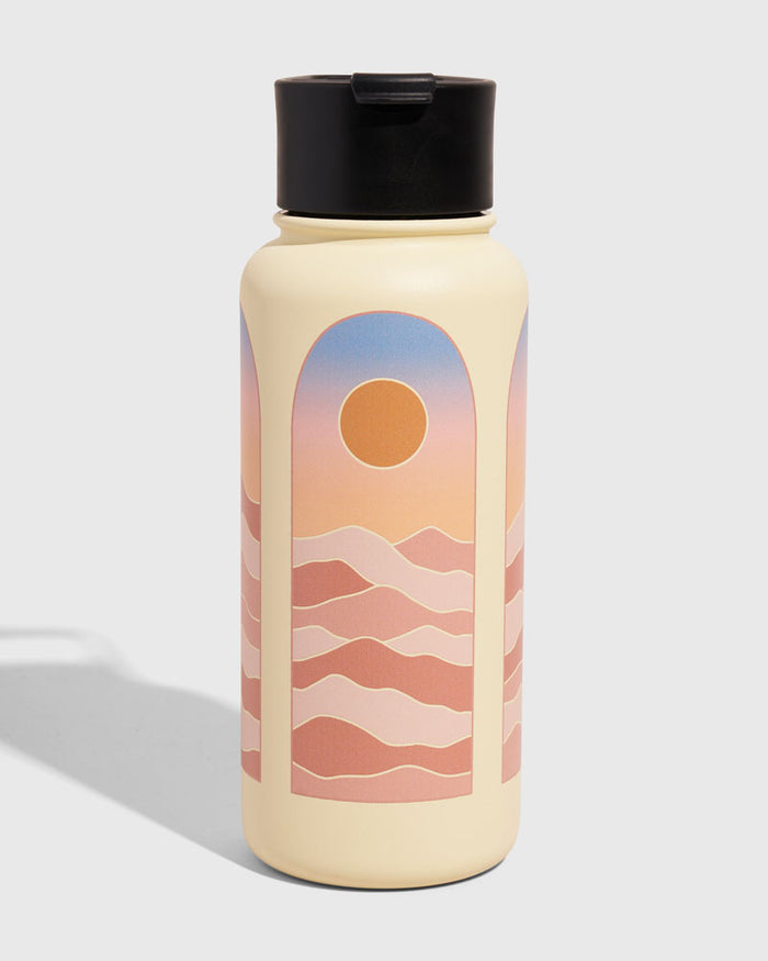 Eggshell - Sunrise Bottle - 23 Oz. Insulated Stainless Steel (Front): Cream insulated bottle with black flip lid and retro sunset arch graphic