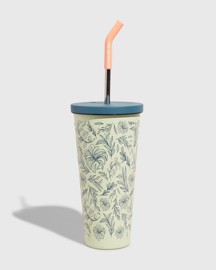 Seafoam 24 oz Insulated Steel Straw Tumbler (Front): Light green tumbler with blue botanical print, teal lid, peach straw