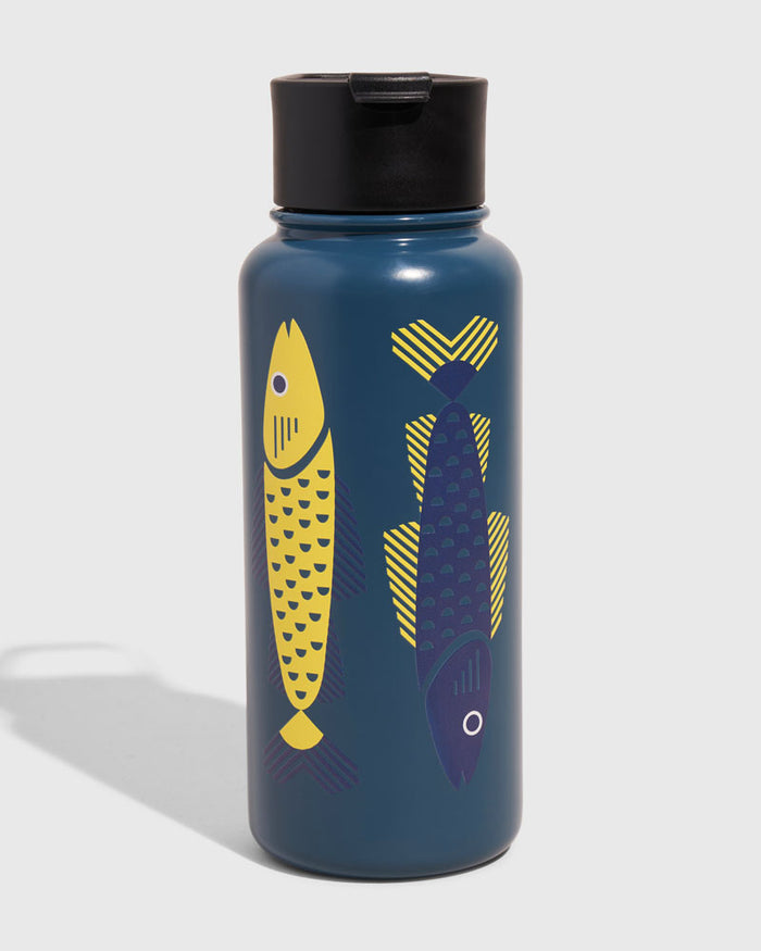 Rainstorm - Fish Bottle - 23 Oz. Insulated Stainless Steel (Angle): Teal steel bottle with yellow and navy geometric fish illustrations, black lid