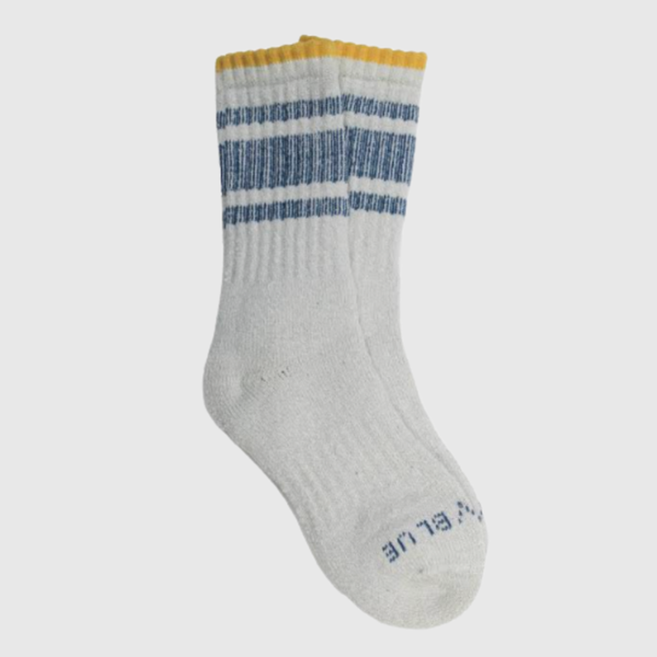 Teal The Hemp Yarn Varsity Hiker Full Cushion Boot Sock (Angle): Light grey ribbed crew sock with blue stripes and mustard cuff
