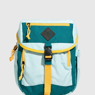 Teal (R)evolution™ 9L Sidekick (Front): Light blue and teal backpack with yellow straps, buckle closure, and logo patch