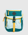 Teal (R)evolution™ 9L Sidekick (Front): Light blue and teal backpack with yellow straps, buckle, and zipper accents