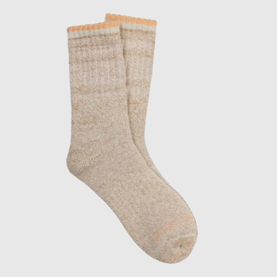 Camel The Hemp Yarn Varsity Hiker Full Cushion Boot Sock (Angle): Pair of heathered tan crew socks with orange striped cuff trim