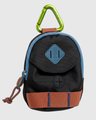 Black Multi (R)evolution™ Dog Waste Bag Dispenser (Angle): Mini backpack-shaped dispenser, black canvas, blue trim, brown strap, green carabiner