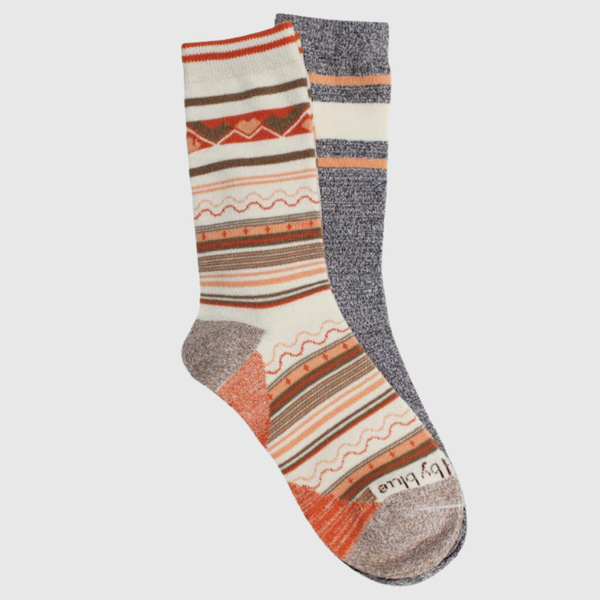 S/M The Soft Hemp Aztec Crew Sock - 2 Pack (Angle): Two mismatched crew socks: cream Aztec stripe and heathered gray stripe