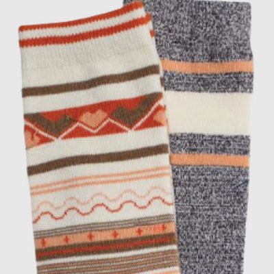 M/L The Soft Hemp Aztec Crew Sock - 2 Pack (Detail): Two socks: cream Aztec print with orange and brown, gray marl with stripes