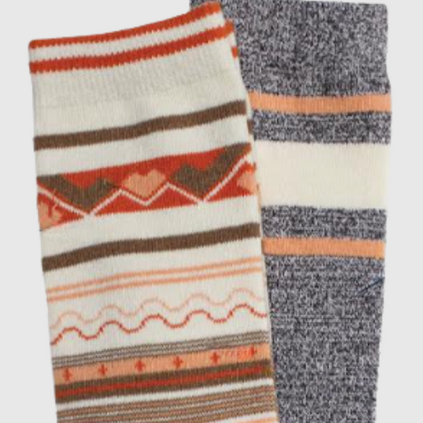 M/L The Soft Hemp Aztec Crew Sock - 2 Pack (Detail): Two folded socks: cream Aztec print and heathered gray with orange stripes