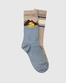 S/M The Soft Hemp Mountain Crew Sock - 2 Pack (Angle): Two mismatched crew socks, blue with mountain sunset print, tan with stripes