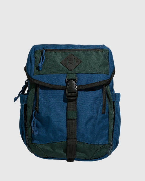 Blue W/ Green (R)evolution™ 9L Sidekick (Front): Two-tone blue and green backpack with front buckle strap and zipper pockets