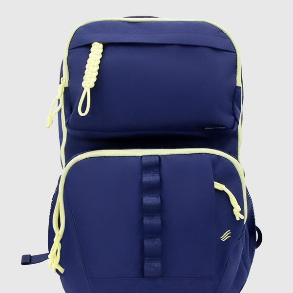 Blue backpack with yellow accents on a light gray background