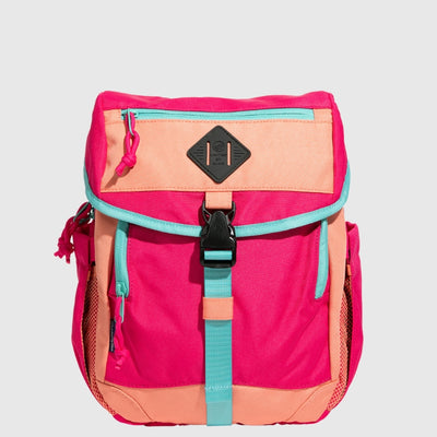 Pink (R)evolution™ 9L Sidekick (Front): Hot pink and peach backpack with teal trim, buckle strap, front pockets