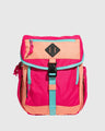 Pink (R)evolution™ 9L Sidekick (Front): Hot pink and peach backpack with teal trim, buckle strap, mesh sides