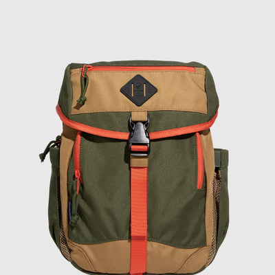 Olive (R)evolution™ 9L Sidekick (Front): Olive and tan backpack with orange zippers, buckle strap, mesh side pocket
