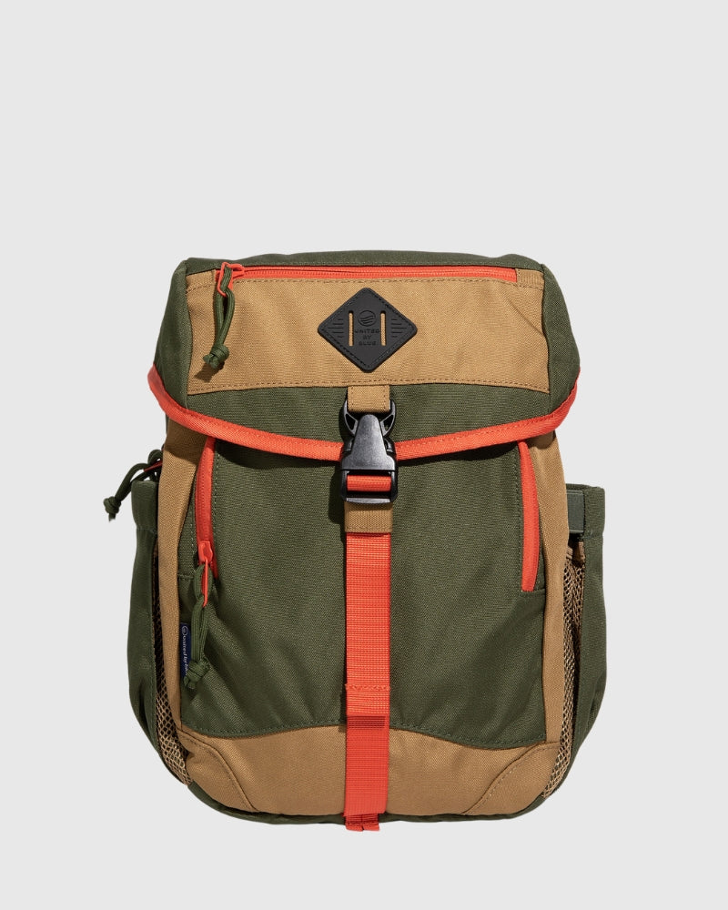 Olive (R)evolution™ 9L Sidekick (Front): Olive and tan backpack with orange zippers, buckle strap, mesh side pocket