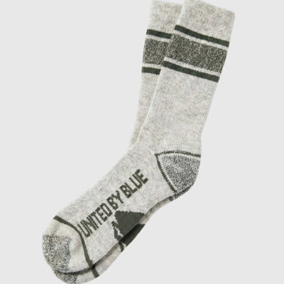 Wild Green Ultimate Bison Boot Sock - Imperfect Packaging (Angle): Light gray crew sock with dark green stripes, reinforced heel and toe