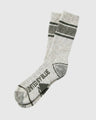 Wild Green Ultimate Bison Boot Sock - Imperfect Packaging (Angle): Light gray crew sock with dark green stripes, reinforced toe and heel