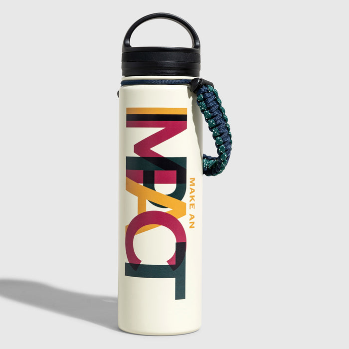 Make An Impact Bottle - 22 Oz. Insulated Stainless Steel (Angle): Cream bottle with multicolor stacked text graphic and braided paracord handle
