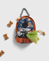 Lakeside Camo (R)evolution™ Dog Waste Bag Dispenser (Flat-lay): Blue camo mini backpack dispenser with carabiner clip and green waste bag