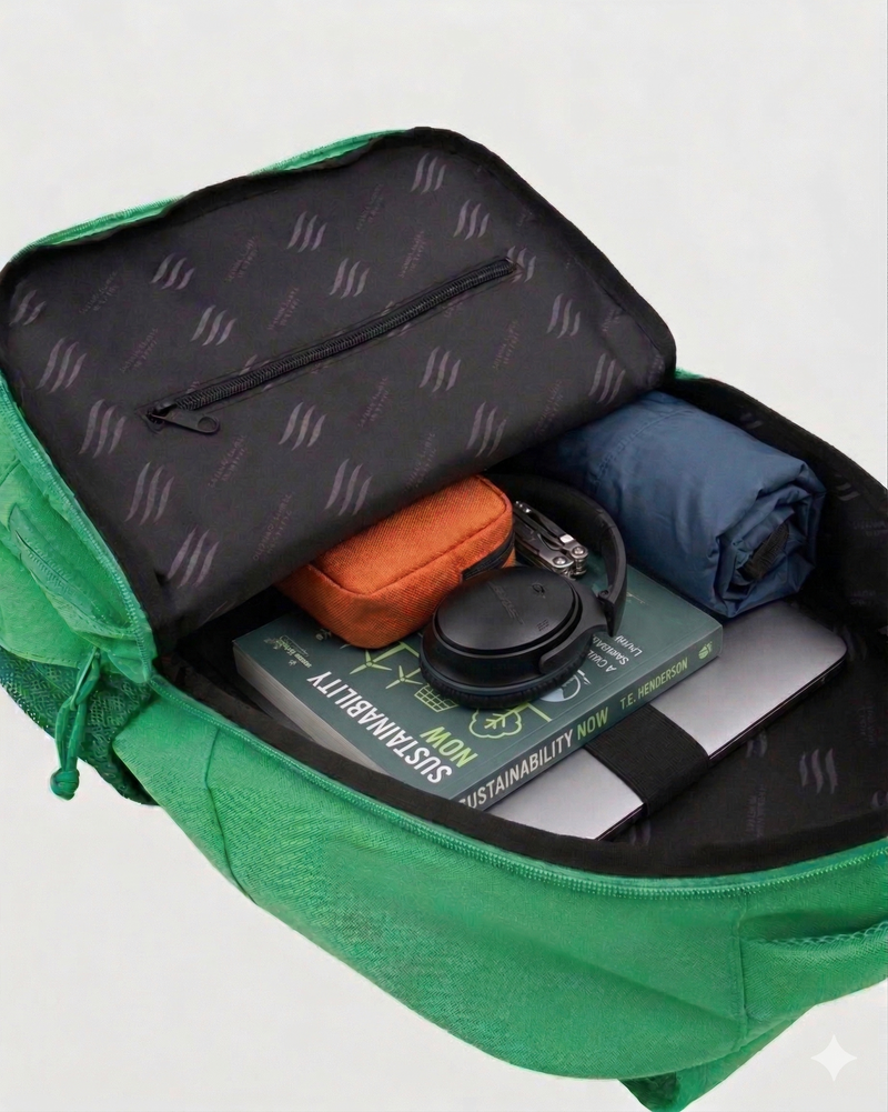 Bright Green (R)evolution™ 25L Transit Pack (Detail): Open bright green backpack interior showing books, headphones, orange pouch, laptop, rolled jacket
