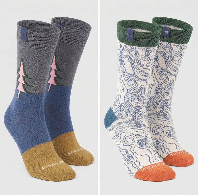 IMPACT COLLECTION - Hemp Blend Socks (Angle): Two pairs: gray-blue pine tree socks and cream topographic map socks