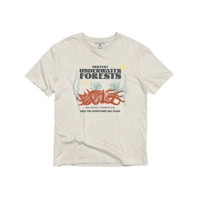 XS Heal the Bay x UBB Protect Our Underwater Forests - Graphic Tee - (All-gender) (Flat-lay): Cream tee with coral sea stars, teal seaweed, and conservation text graphic