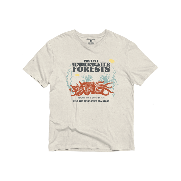 XS Heal the Bay x UBB Protect Our Underwater Forests - Graphic Tee - (All-gender) (Flat-lay): Cream tee with ocean graphic, starfish, kelp, and conservation text print