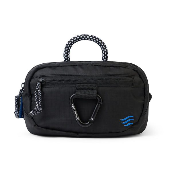 Black (Re) Active Bum Bag (Front): Black ripstop bum bag with navy rope handle, blue carabiner clip, and front zip pocket