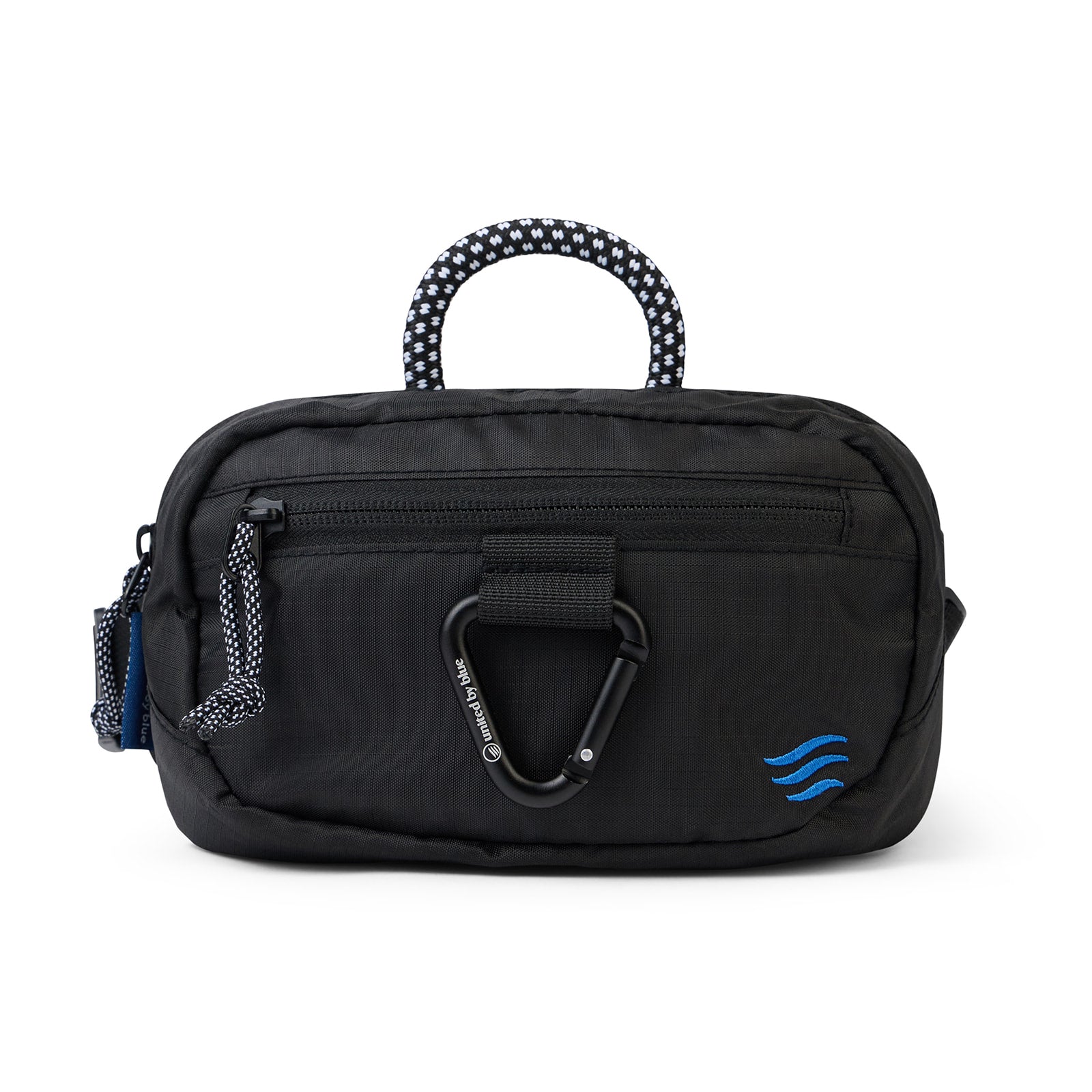 Black (Re) Active Bum Bag (Front): Black ripstop bum bag with navy rope handle, blue carabiner clip, and front zip pocket