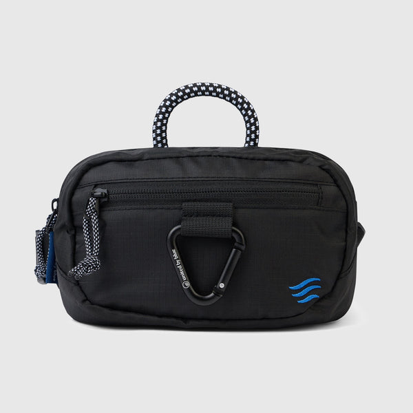 Black (Re) Active Bum Bag (Front): Black ripstop bum bag with navy rope handle, blue carabiner clip, and front zip pocket