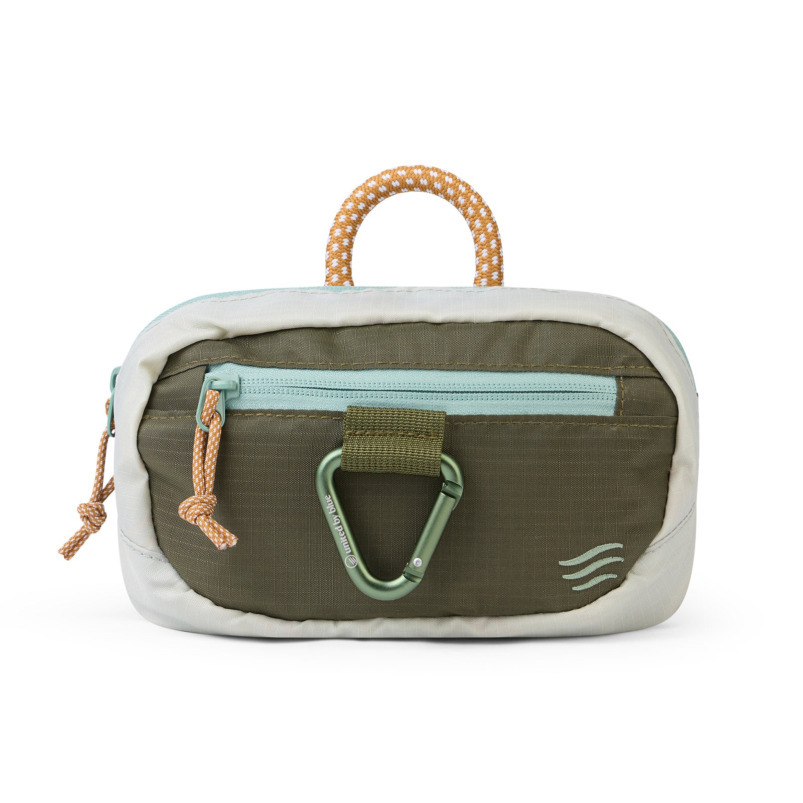 Olive (Re) Active Bum Bag (Front): Olive ripstop bum bag with cream trim, orange-cream rope handle, and green carabiner