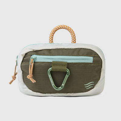 Olive (Re) Active Bum Bag (Front): Olive and cream bag with teal zipper, carabiner clip, and rope handle