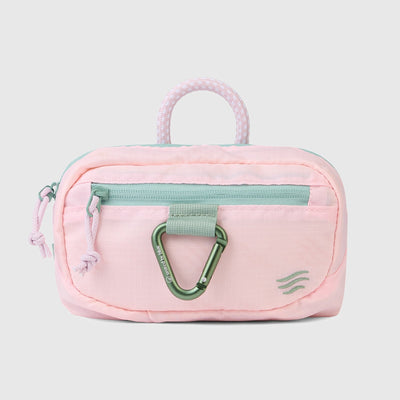 Lt. Pink (Re) Active Bum Bag (Front): Light pink pouch with green zipper, carabiner clip, and rope handle