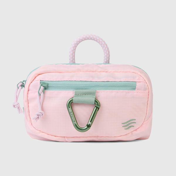 Lt. Pink (Re) Active Bum Bag (Front): Blush pink bum bag with mint zipper, green carabiner clip, and pink rope handle