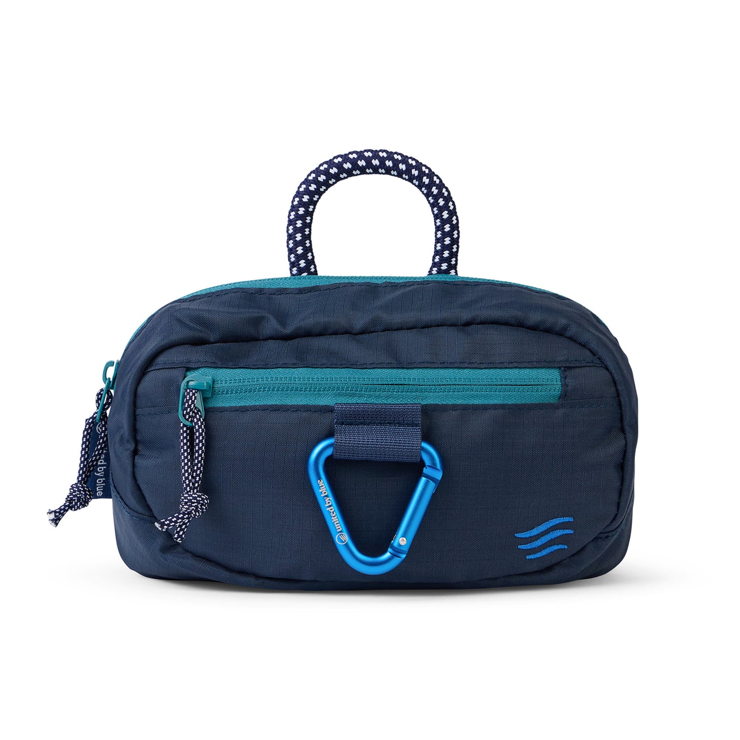 Navy (Re) Active Bum Bag (Front): Navy ripstop bum bag with teal zipper trim, blue carabiner, and patterned rope handle